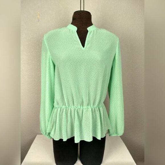 Francesca’s Collection Polka Dot Peplum Green Blouse Size Large - Picture 2 of 10